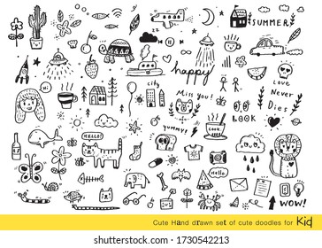 Vector illustration of Doodle cute for kid, Hand drawn set of cute doodles for decoration,Funny Doodle Hand Drawn, Summer, Doodle set of objects from a child's life