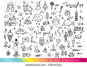 Vector illustration of Doodle cute for kid, Hand drawn set of cute doodles for decoration,Funny Doodle Hand Drawn,Summer, Doodle set of objects from a child's life

