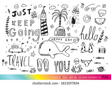 Ilustración vectorial de Doodle lindo para el niño, conjunto de dibujos hechos por mano de doodles bonitos para la decoración, Gracioso dibujo de la mano de Doodle, verano, conjunto de objetos de la vida de un niño