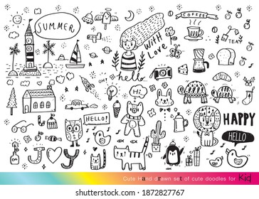 Vector illustration of Doodle cute for kid, Hand drawn set of cute doodles for decoration,Funny Doodle Hand Drawn, Summer, Doodle set of objects from a child's life
