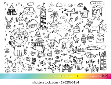 Ilustración vectorial de Doodle lindo para el niño, conjunto de dibujos hechos por mano de doodles bonitos para la decoración, Gracioso dibujo de la mano de Doodle, verano, conjunto de objetos de la vida de un niño