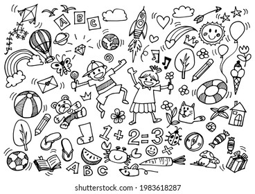 Vector illustration of Doodle cute for kid, Hand drawn set of cute doodles for decoration on white background,Funny Doodle Hand Drawn,Page for coloring.