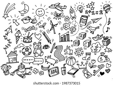 Vector illustration of Doodle cute for kid, Hand drawn set of cute doodles for decoration on white background,Funny Doodle Hand Drawn,Page for coloring.