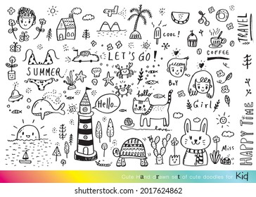 Vector illustration of Doodle cute for kid, Hand drawn set of cute doodles for decoration,Funny Doodle Hand Drawn, Summer, Doodle set of objects from a child's life