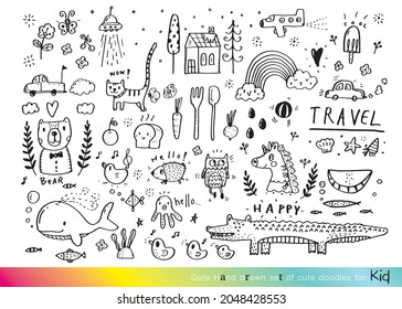 Ilustración vectorial de Doodle lindo para el niño, Dibujo manual de doodles bonitos para la decoración, Dibujo gracioso de la mano de Doodle, Verano, Conjunto de objetos de la vida de un niño, Dibujo de doodle lindo