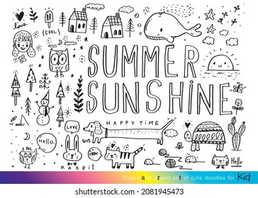 Ilustración vectorial de Doodle lindo para el niño, mano dibujó un conjunto de doodles bonitos para la decoración, divertidos dibujos a mano de Doodle, verano, conjunto de objetos de la vida de un niño, animal lindo

