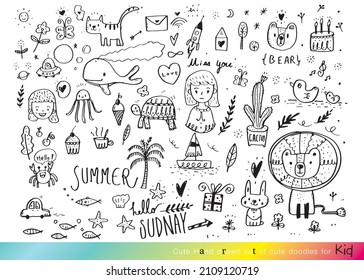 Vector illustration of Doodle cute for kid, Hand drawn set of cute doodles for decoration,Funny Doodle Hand Drawn, Summer, Doodle set of objects from a child's life,Cute animal