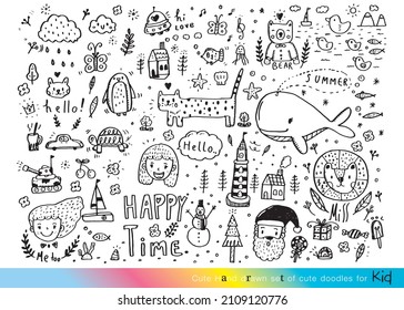 Vector illustration of Doodle cute for kid, Hand drawn set of cute doodles for decoration,Funny Doodle Hand Drawn, Summer, Doodle set of objects from a child's life,Cute animal