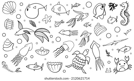Vector illustration of Doodle cute for kid, Hand drawn set of cute doodles for decoration,Funny Doodle Hand Drawn, Summer, Doodle set of objects from a child's life. Marine life set.
