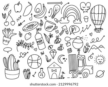 Vektorgrafik von Doodle cute für Kinder, handgezeichnet von süßen Doodles für Dekoration, Funny Doodle Hand Drawn, Sommer, Doodle Set von Objekten aus dem Leben eines Kindes.