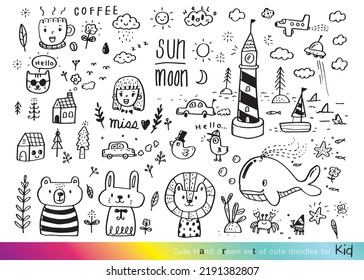 Vector illustration of Doodle cute for kid, Hand drawn set of cute doodles for decoration,Funny Doodle Hand Drawn, Summer, Doodle set of objects from a child's life,Cute animal