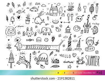 Vector illustration of Doodle cute for kid, Hand drawn set of cute doodles for decoration,Funny Doodle Hand Drawn, Summer, Doodle set of objects from a child's life,Cute animal