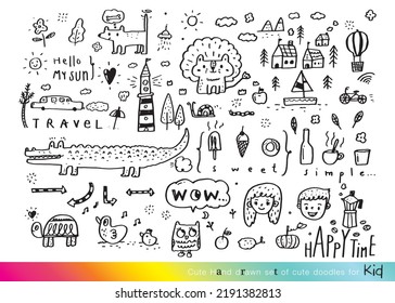 Vector illustration of Doodle cute for kid, Hand drawn set of cute doodles for decoration,Funny Doodle Hand Drawn, Summer, Doodle set of objects from a child's life,Cute animal