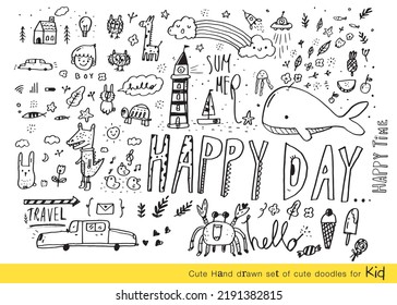 Vector illustration of Doodle cute for kid, Hand drawn set of cute doodles for decoration,Funny Doodle Hand Drawn, Summer, Doodle set of objects from a child's life,Cute animal