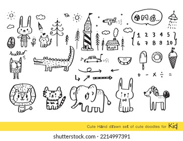 Vector illustration of Doodle cute for kid, Hand drawn set of cute doodles for decoration,Funny Doodle Hand Drawn, Summer, Doodle set of objects from a child's life,Cute animal