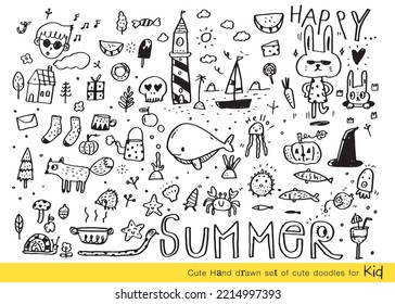 Vector illustration of Doodle cute for kid, Hand drawn set of cute doodles for decoration,Funny Doodle Hand Drawn, Summer, Doodle set of objects from a child's life,Cute animal