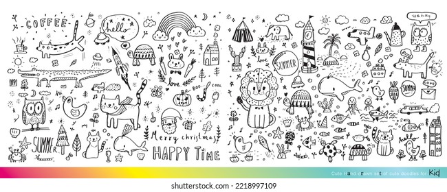 Ilustración vectorial de Doodle lindo para el niño, mano dibujó un conjunto de doodles bonitos para la decoración, divertida mano de garabatos, verano, conjunto de objetos de la vida de un niño, animal lindo