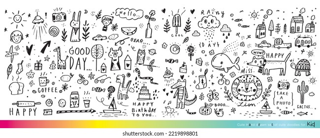 Vector illustration of Doodle cute for kid, Hand drawn set of cute doodles for decoration,Funny Doodle Hand Drawn, Summer, Doodle set of objects from a child's life,Cute animal