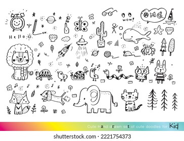 Vector illustration of Doodle cute for kid, Hand drawn set of cute doodles for decoration,Funny Doodle Hand Drawn, Summer, Doodle set of objects from a child's life,Cute animal