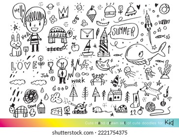 Vector illustration of Doodle cute for kid, Hand drawn set of cute doodles for decoration,Funny Doodle Hand Drawn, Summer, Doodle set of objects from a child's life,Cute animal