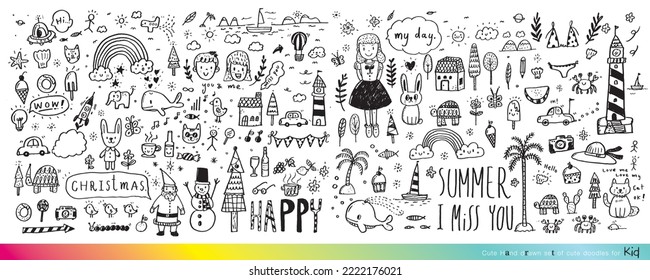 Vector illustration of Doodle cute for kid, Hand drawn set of cute doodles for decoration,Funny Doodle Hand Drawn, Summer, Doodle set of objects from a child's life,Cute animal