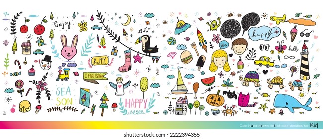 Vector illustration of Doodle cute for kid, Hand drawn set of cute doodles for decoration,Funny Doodle Hand Drawn, Summer, Doodle set of objects from a child's life,Cute animal