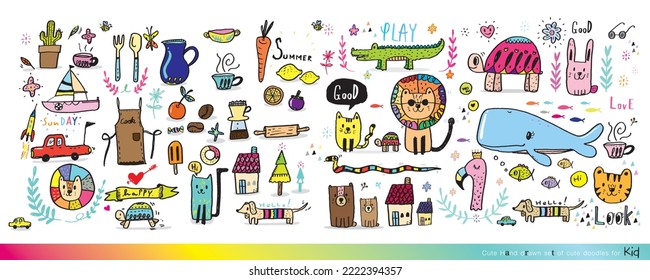 Vector illustration of Doodle cute for kid, Hand drawn set of cute doodles for decoration,Funny Doodle Hand Drawn, Summer, Doodle set of objects from a child's life,Cute animal
