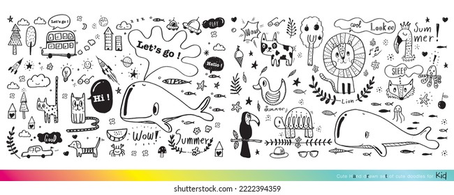 Vector illustration of Doodle cute for kid, Hand drawn set of cute doodles for decoration,Funny Doodle Hand Drawn, Summer, Doodle set of objects from a child's life,Cute animal