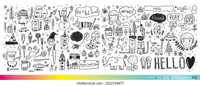 Vector illustration of Doodle cute for kid, Hand drawn set of cute doodles for decoration,Funny Doodle Hand Drawn, Summer, Doodle set of objects from a child's life,Cute animal