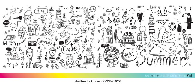 Vector illustration of Doodle cute for kid, Hand drawn set of cute doodles for decoration,Funny Doodle Hand Drawn, Summer, Doodle set of objects from a child's life,Cute animal