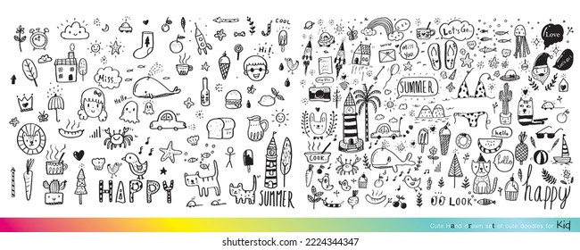 Vector illustration of Doodle cute for kid, Hand drawn set of cute doodles for decoration,Funny Doodle Hand Drawn, Summer, Doodle set of objects from a child's life,Cute animal