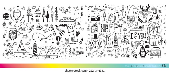 Vector illustration of Doodle cute for kid, Hand drawn set of cute doodles for decoration,Funny Doodle Hand Drawn, Summer, Doodle set of objects from a child's life,Cute animal