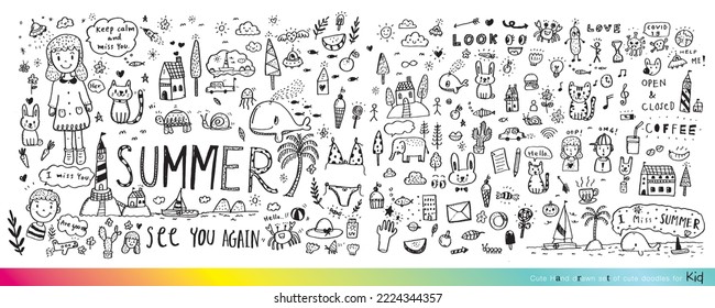 Vector illustration of Doodle cute for kid, Hand drawn set of cute doodles for decoration,Funny Doodle Hand Drawn, Summer, Doodle set of objects from a child's life,Cute animal