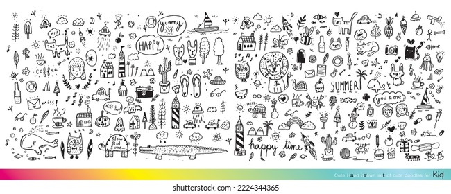 Vector illustration of Doodle cute for kid, Hand drawn set of cute doodles for decoration,Funny Doodle Hand Drawn, Summer, Doodle set of objects from a child's life,Cute animal