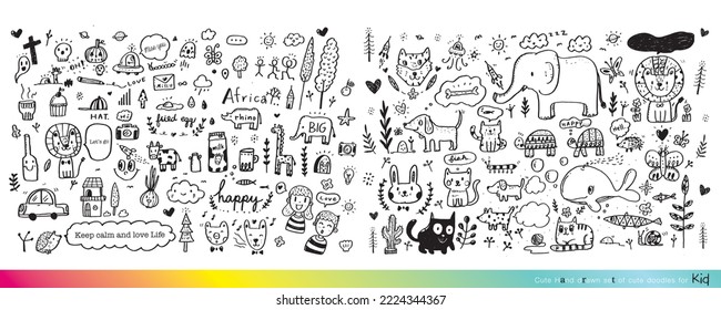 Vector illustration of Doodle cute for kid, Hand drawn set of cute doodles for decoration,Funny Doodle Hand Drawn, Summer, Doodle set of objects from a child's life,Cute animal
