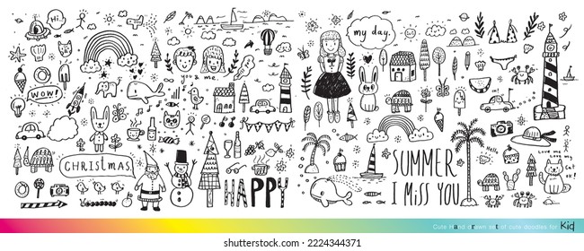 Vector illustration of Doodle cute for kid, Hand drawn set of cute doodles for decoration,Funny Doodle Hand Drawn, Summer, Doodle set of objects from a child's life,Cute animal