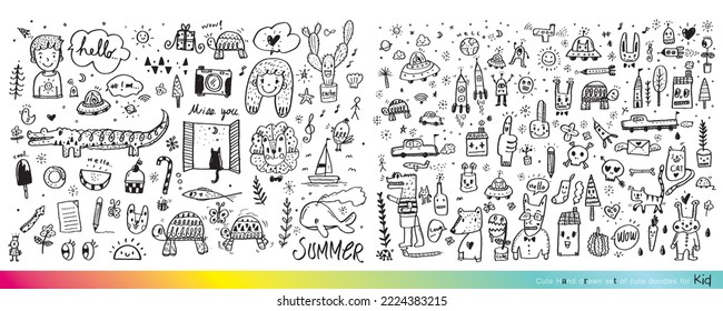 Vector illustration of Doodle cute for kid, Hand drawn set of cute doodles for decoration,Funny Doodle Hand Drawn, Summer, Doodle set of objects from a child's life,Cute animal