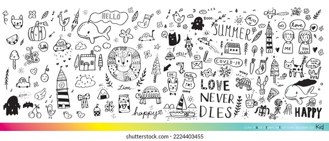 Vector illustration of Doodle cute for kid, Hand drawn set of cute doodles for decoration,Funny Doodle Hand Drawn, Summer, Doodle set of objects from a child's life,Cute animal
