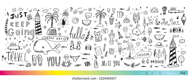 Ilustración vectorial de Doodle lindo para el niño, mano dibujó un conjunto de doodles bonitos para la decoración, divertida mano de garabatos, verano, conjunto de objetos de la vida de un niño, animal lindo