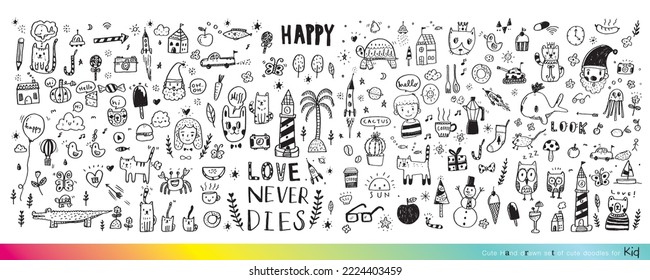 Vector illustration of Doodle cute for kid, Hand drawn set of cute doodles for decoration,Funny Doodle Hand Drawn, Summer, Doodle set of objects from a child's life,Cute animal