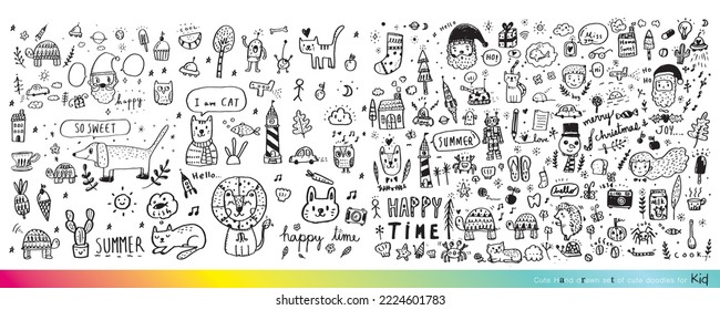 Vector illustration of Doodle cute for kid, Hand drawn set of cute doodles for decoration,Funny Doodle Hand Drawn, Summer, Doodle set of objects from a child's life,Cute animal
