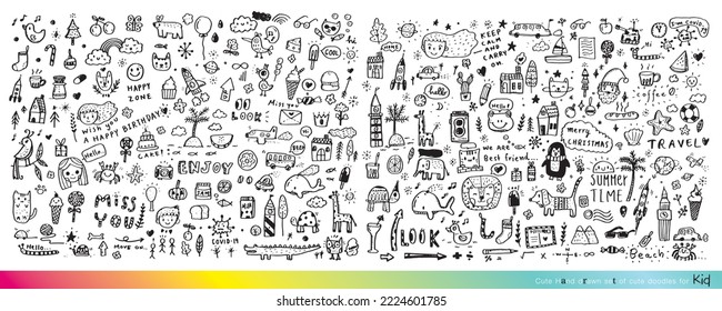 Vector illustration of Doodle cute for kid, Hand drawn set of cute doodles for decoration,Funny Doodle Hand Drawn, Summer, Doodle set of objects from a child's life,Cute animal