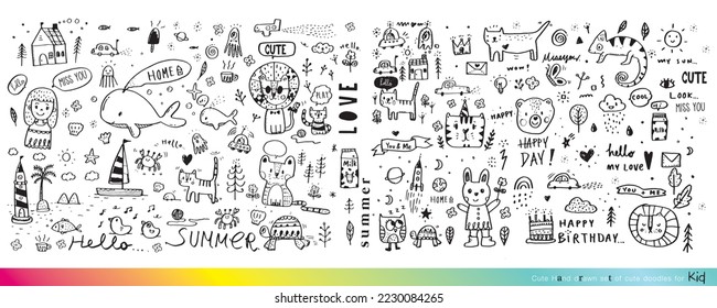 Vector illustration of Doodle cute for kid, Hand drawn set of cute doodles for decoration,Funny Doodle Hand Drawn, Summer, Doodle set of objects from a child's life,Cute animal