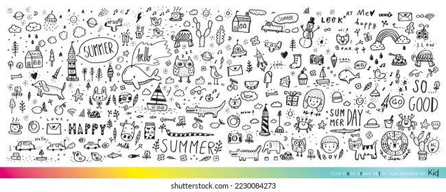 Vector illustration of Doodle cute for kid, Hand drawn set of cute doodles for decoration,Funny Doodle Hand Drawn, Summer, Doodle set of objects from a child's life,Cute animal