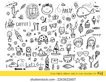 Ilustración vectorial de Doodle lindo para el niño, mano dibujó un conjunto de doodles bonitos para la decoración, divertida mano de garabatos, verano, conjunto de objetos de la vida de un niño, animal lindo