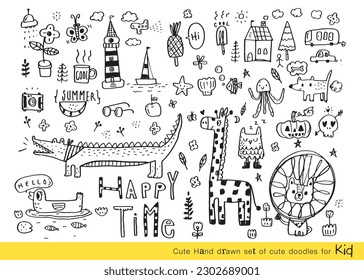 Vector illustration of Doodle cute for kid, Hand drawn set of cute doodles for decoration,Funny Doodle Hand Drawn, Summer, Doodle set of objects from a child's life,Cute animal
