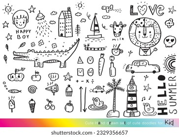 Vector illustration of Doodle cute for kid, Hand drawn set of cute doodles for decoration,Funny Doodle Hand Drawn, Summer, Doodle set of objects from a child's life,Cute animal