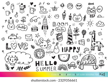 Vector illustration of Doodle cute for kid, Hand drawn set of cute doodles for decoration,Funny Doodle Hand Drawn, Summer, Doodle set of objects from a child's life,Cute animal