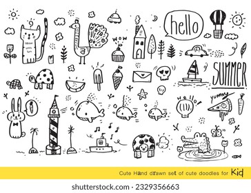Vector illustration of Doodle cute for kid, Hand drawn set of cute doodles for decoration,Funny Doodle Hand Drawn, Summer, Doodle set of objects from a child's life,Cute animal