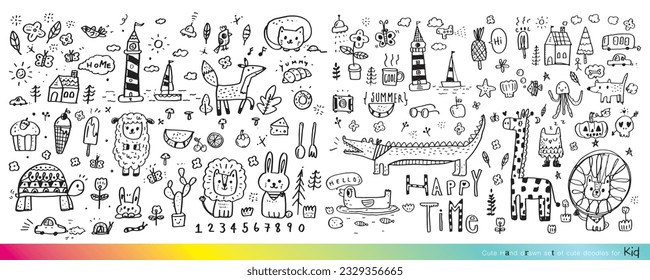 Vector illustration of Doodle cute for kid, Hand drawn set of cute doodles for decoration,Funny Doodle Hand Drawn, Summer, Doodle set of objects from a child's life,Cute animal